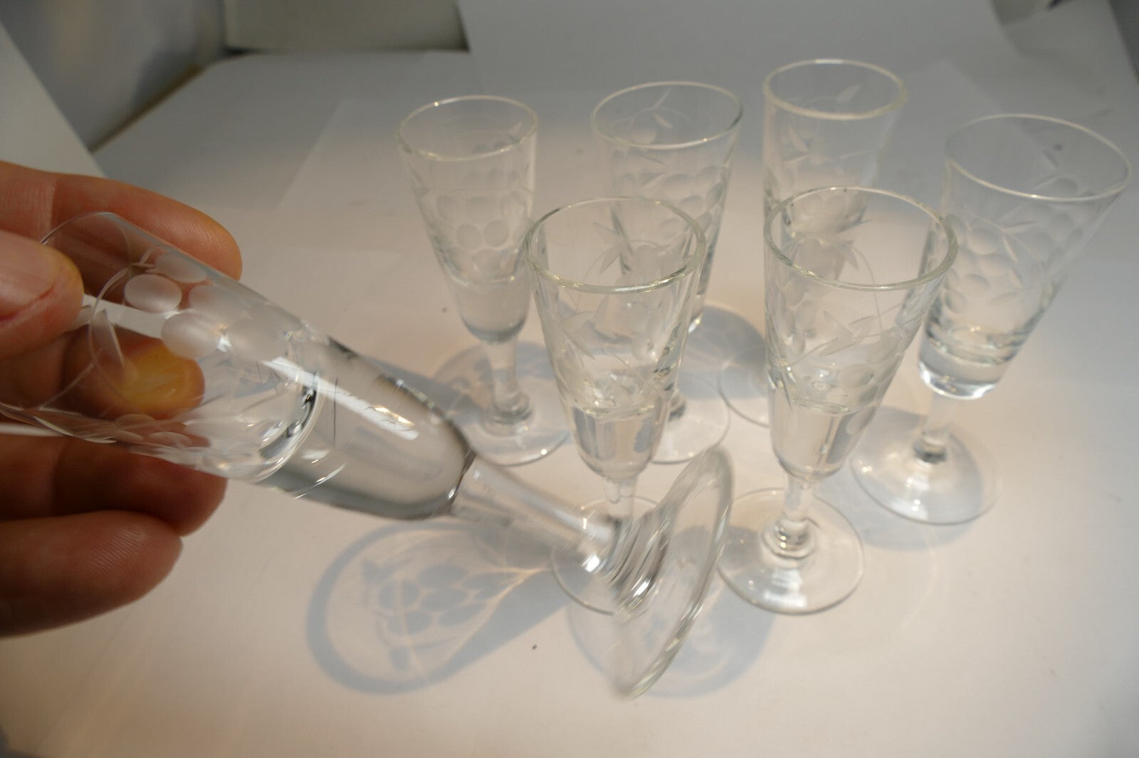 Lot of 7 Clear Crystal Goblets Cut Grape Ridges 1 oz Footed  Goblet small  set