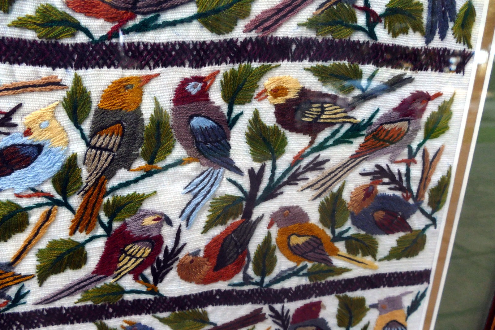 Large Bird Finch Cardinal Cross Stitch Needle Point Folk Art 15X15" Framed