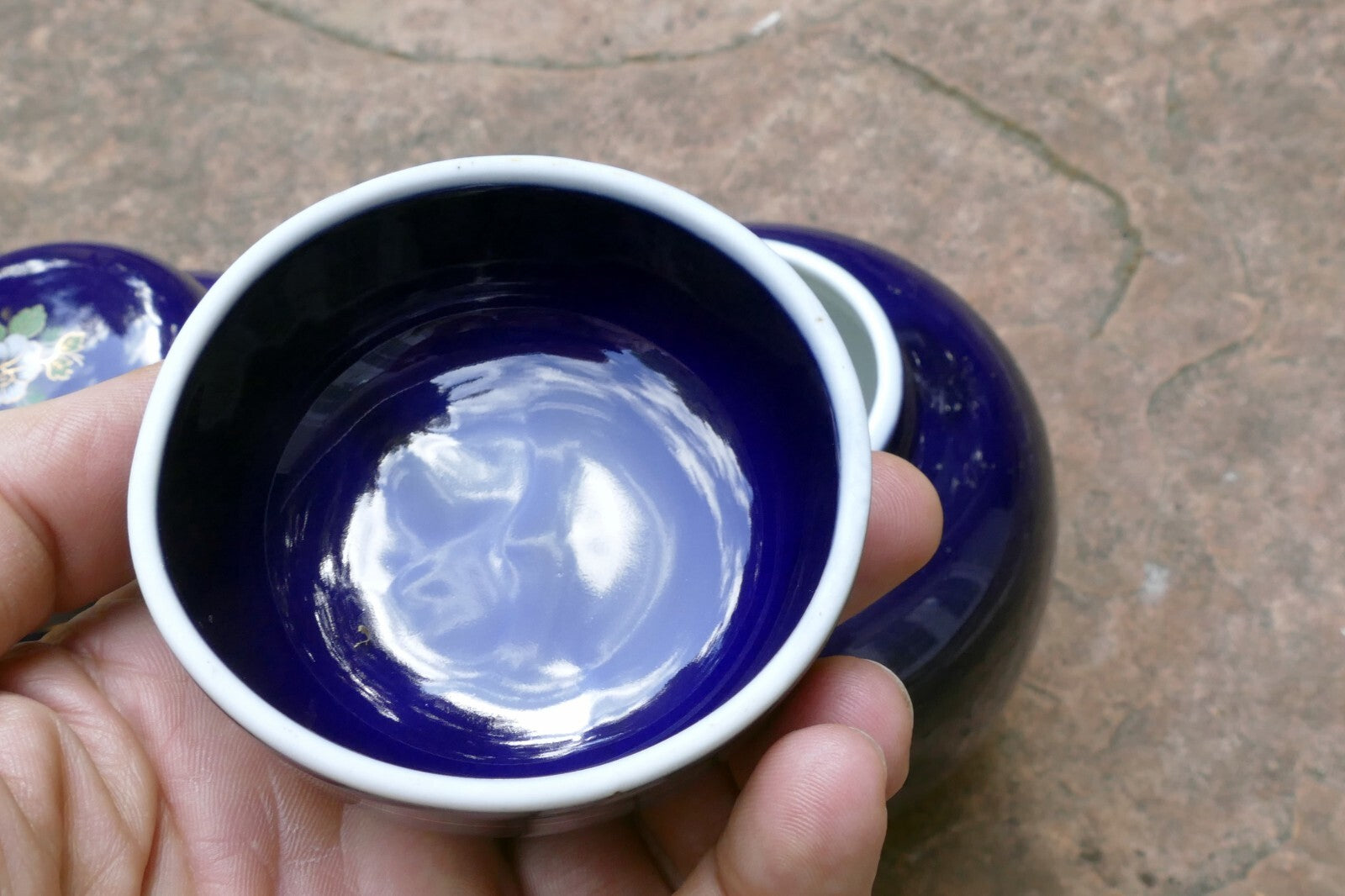Kutani Ware Cobalt Blue Peacock/Floral Hand Painted Ginger Jar 5.5" tall 2 pack