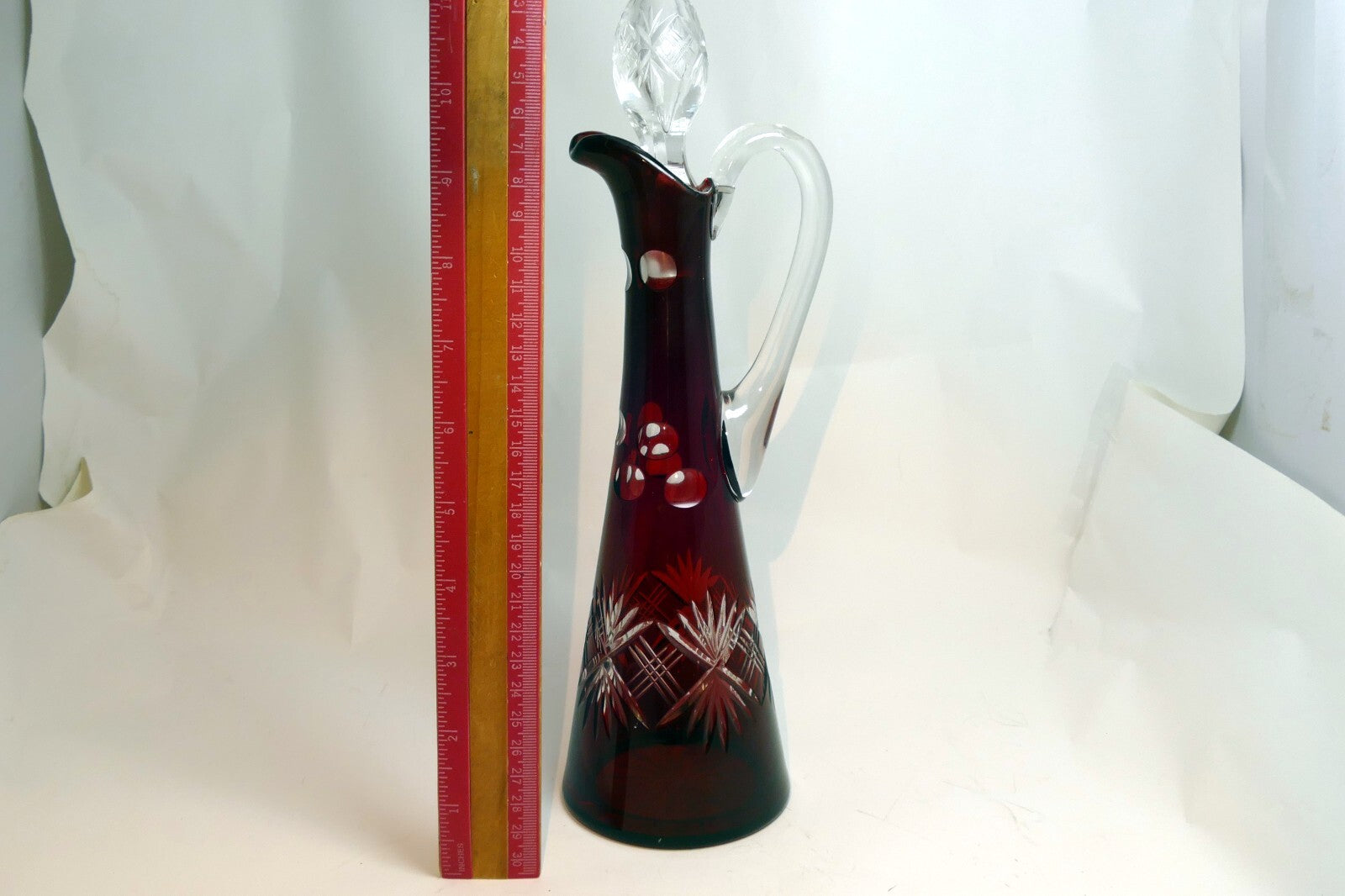 Bohemian Cut-to-Clear Ruby Red Glass Decanter With Faceted Stopper Wine