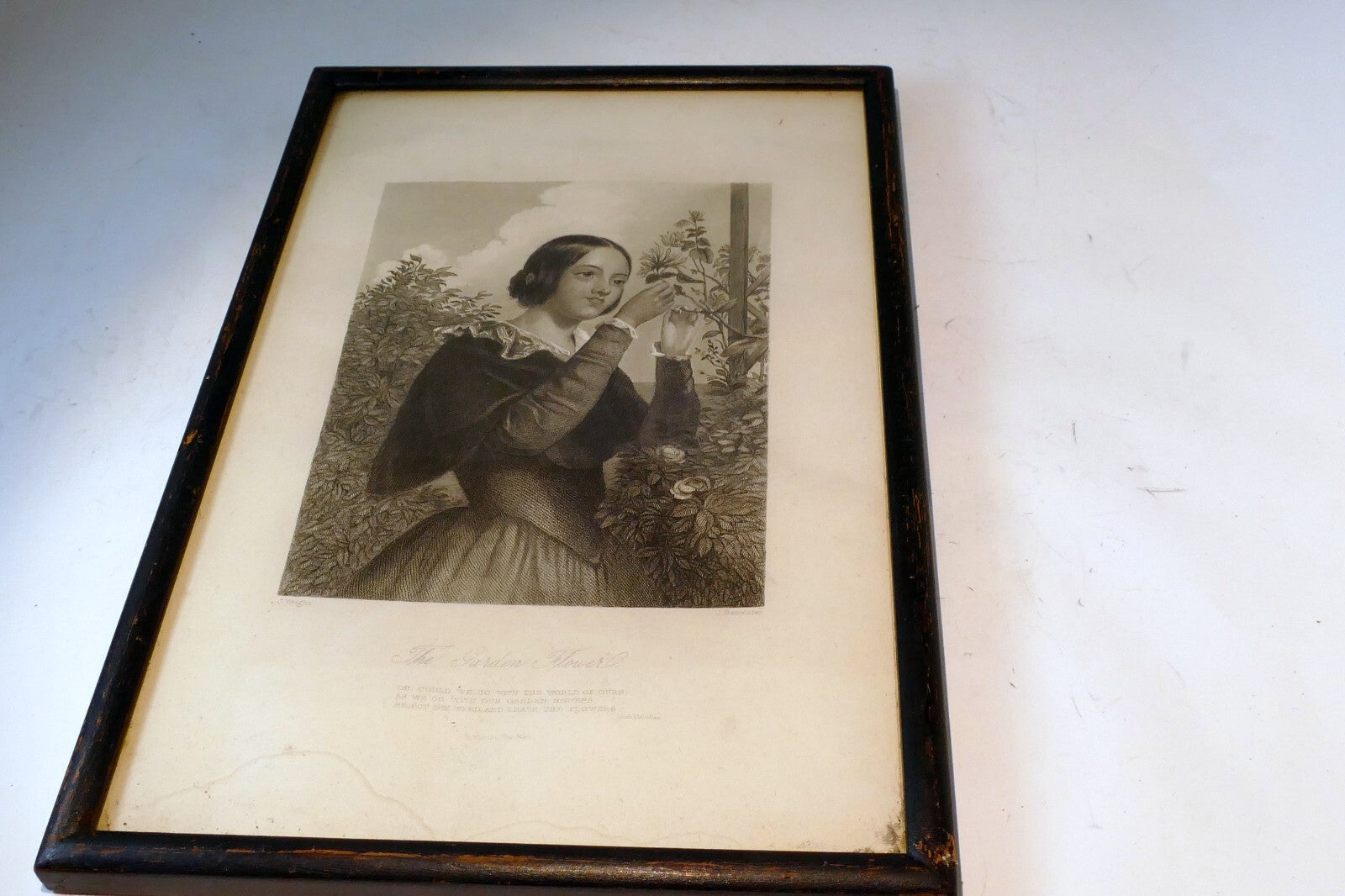 "The Garden Flower" Woman Engraving Victorian J. Wright Print Etching Poetry
