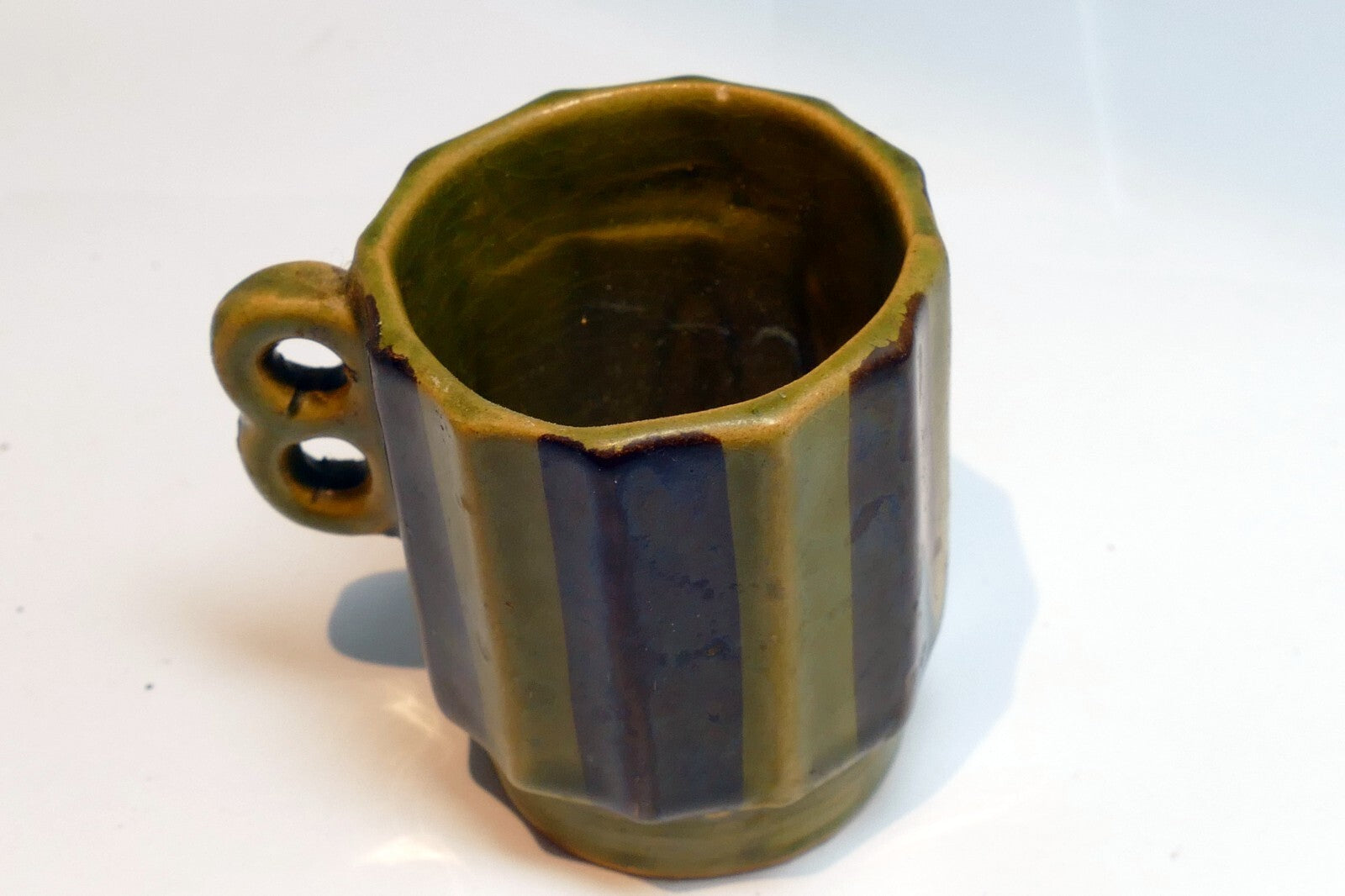 Green Japanese Stacking Double-Handled Coffee/Tea Cup Lines small 2" green brown