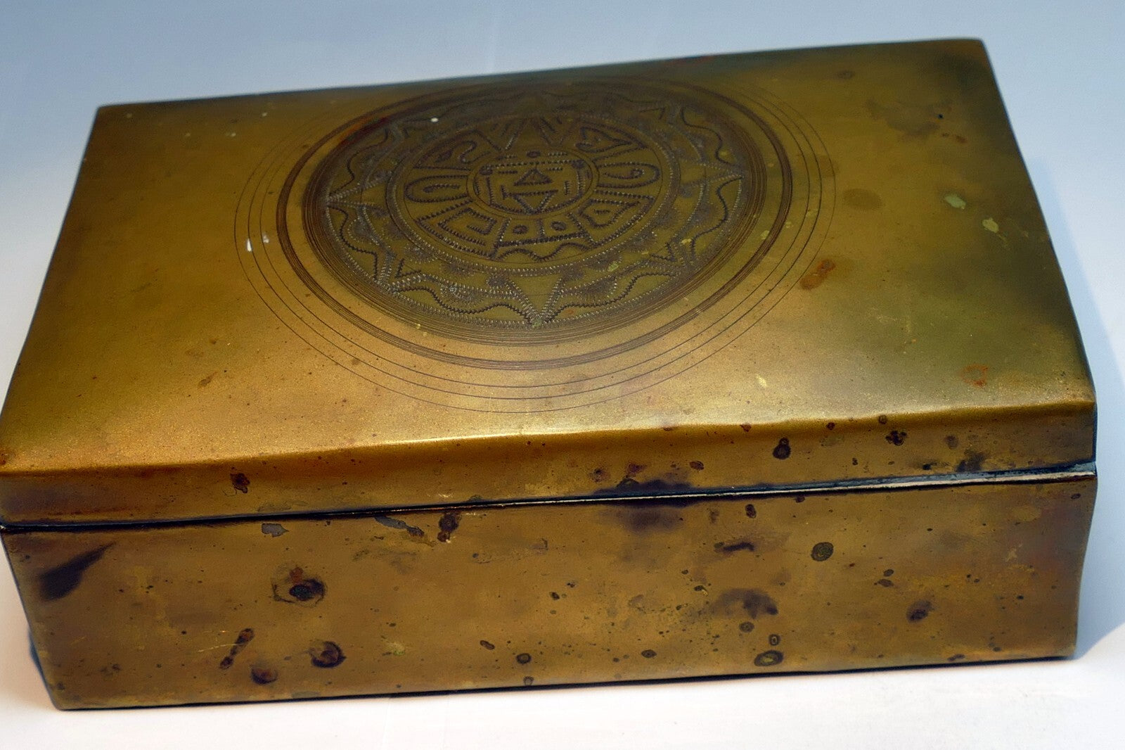 BRONZE AND WOOD TRINKET BOX INDIAN Native Inuit Sun god antique vintage