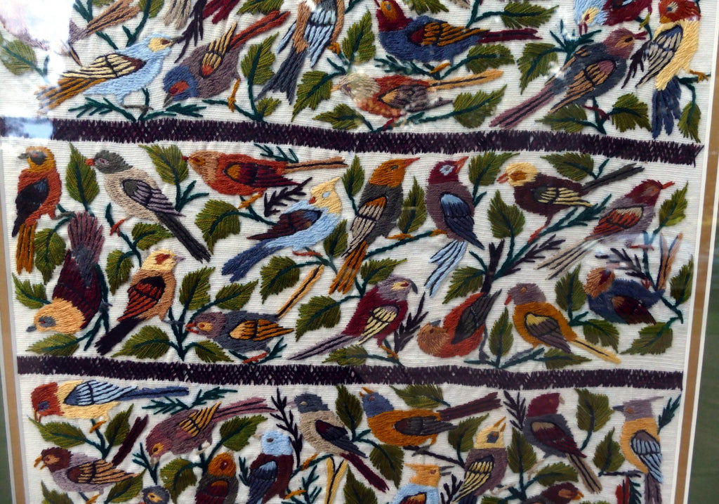 Large Bird Finch Cardinal Cross Stitch Needle Point Folk Art 15X15" Framed