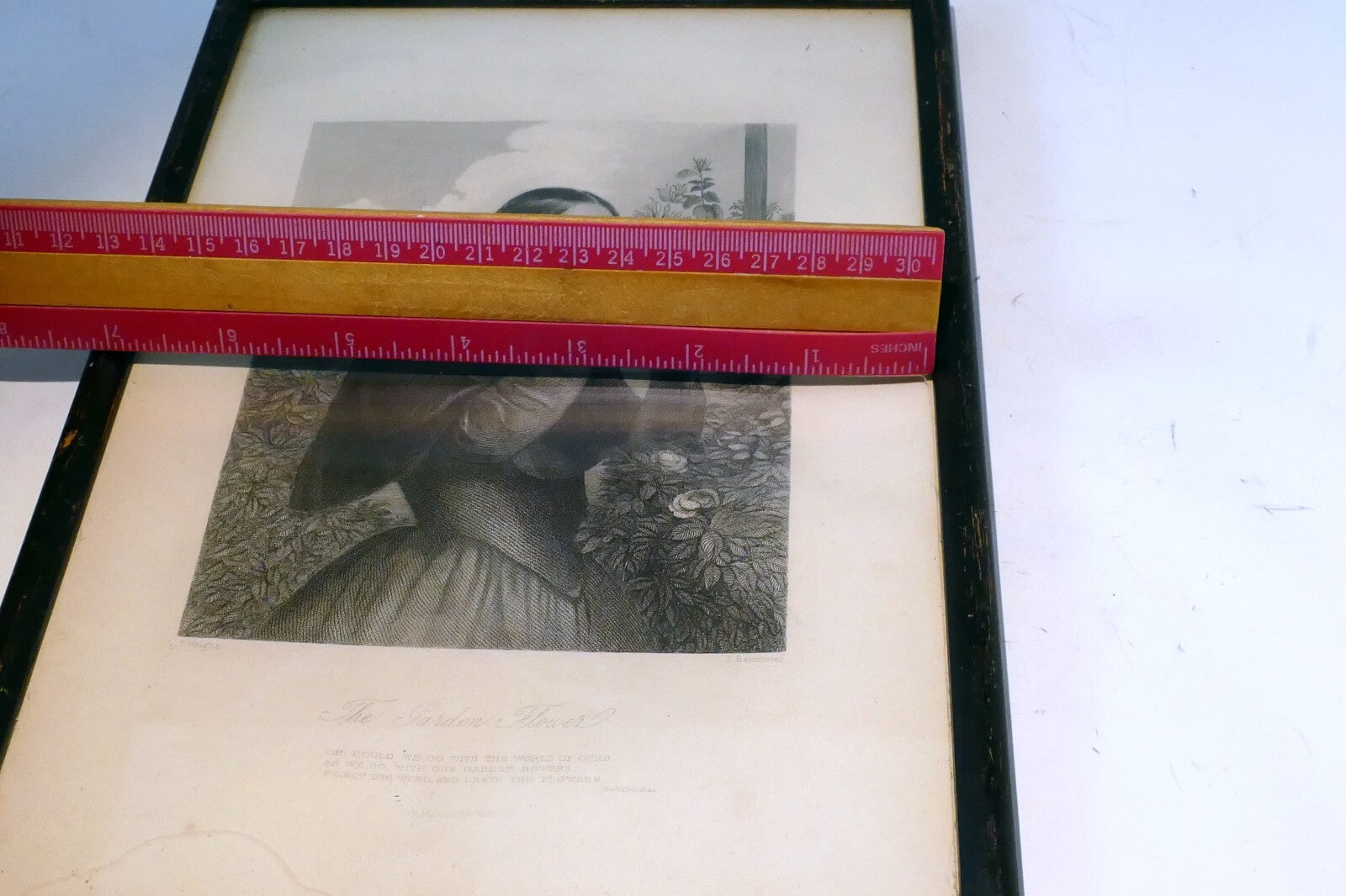"The Garden Flower" Woman Engraving Victorian J. Wright Print Etching Poetry