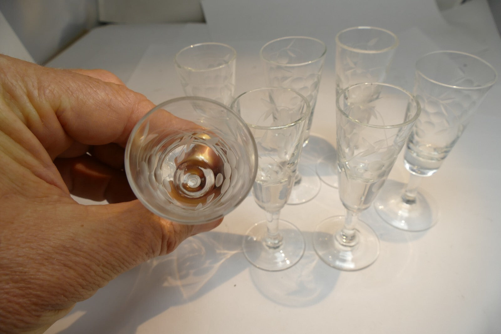 Lot of 7 Clear Crystal Goblets Cut Grape Ridges 1 oz Footed  Goblet small  set