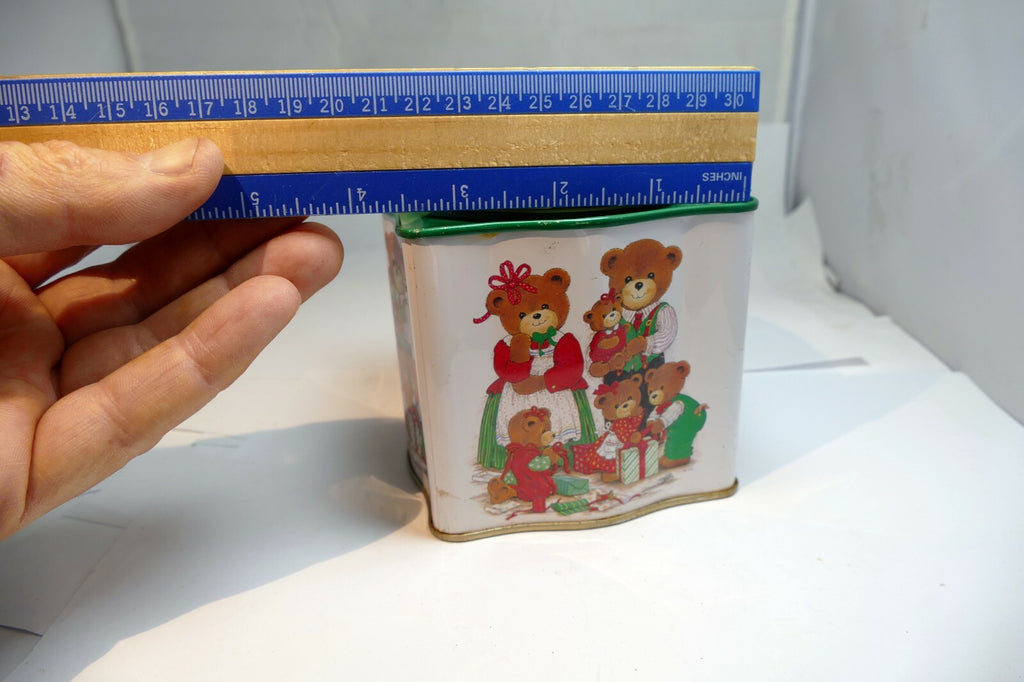 Empty Tin Box Tea can cookie 4X4X4" with Teddy Bear family  Christmas presents