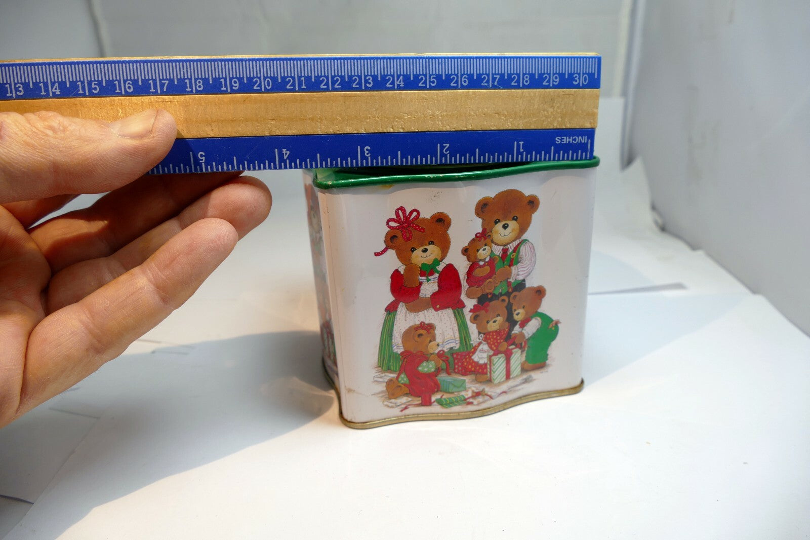 Empty Tin Box Tea can cookie 4X4X4" with Teddy Bear family  Christmas presents