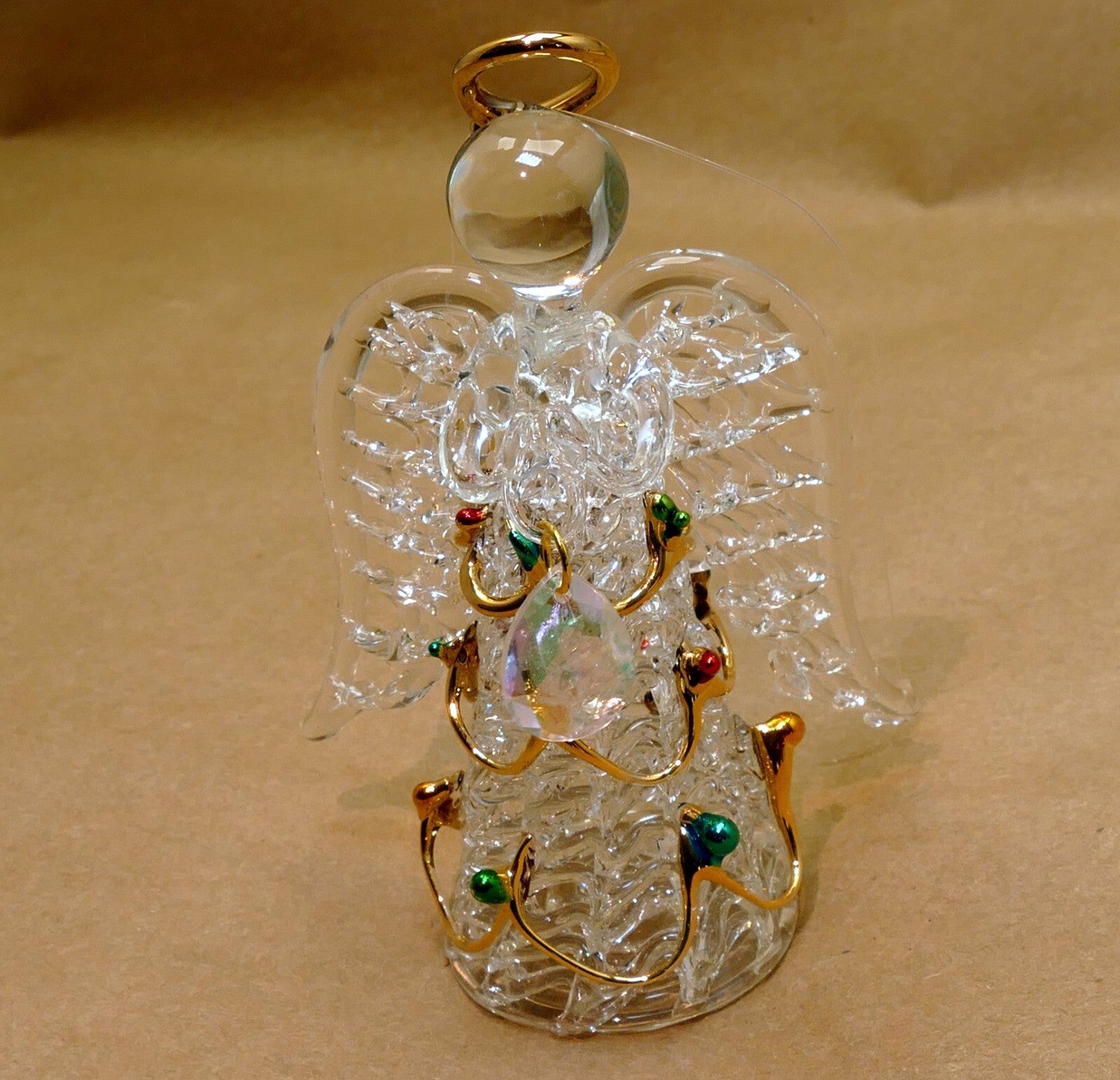 Spun glass crystal christmas ornament gold green red hanging 4" tall