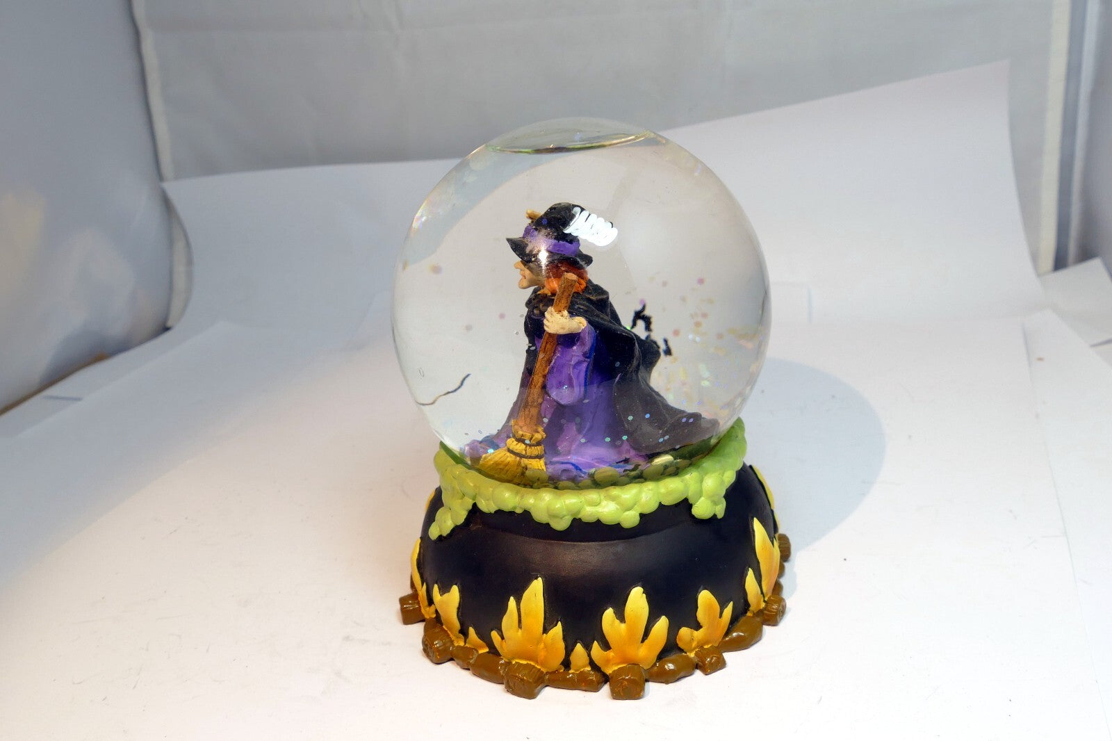 Halloween Snow Water Globe  Ball 3" Witch burning on fire with bats broom