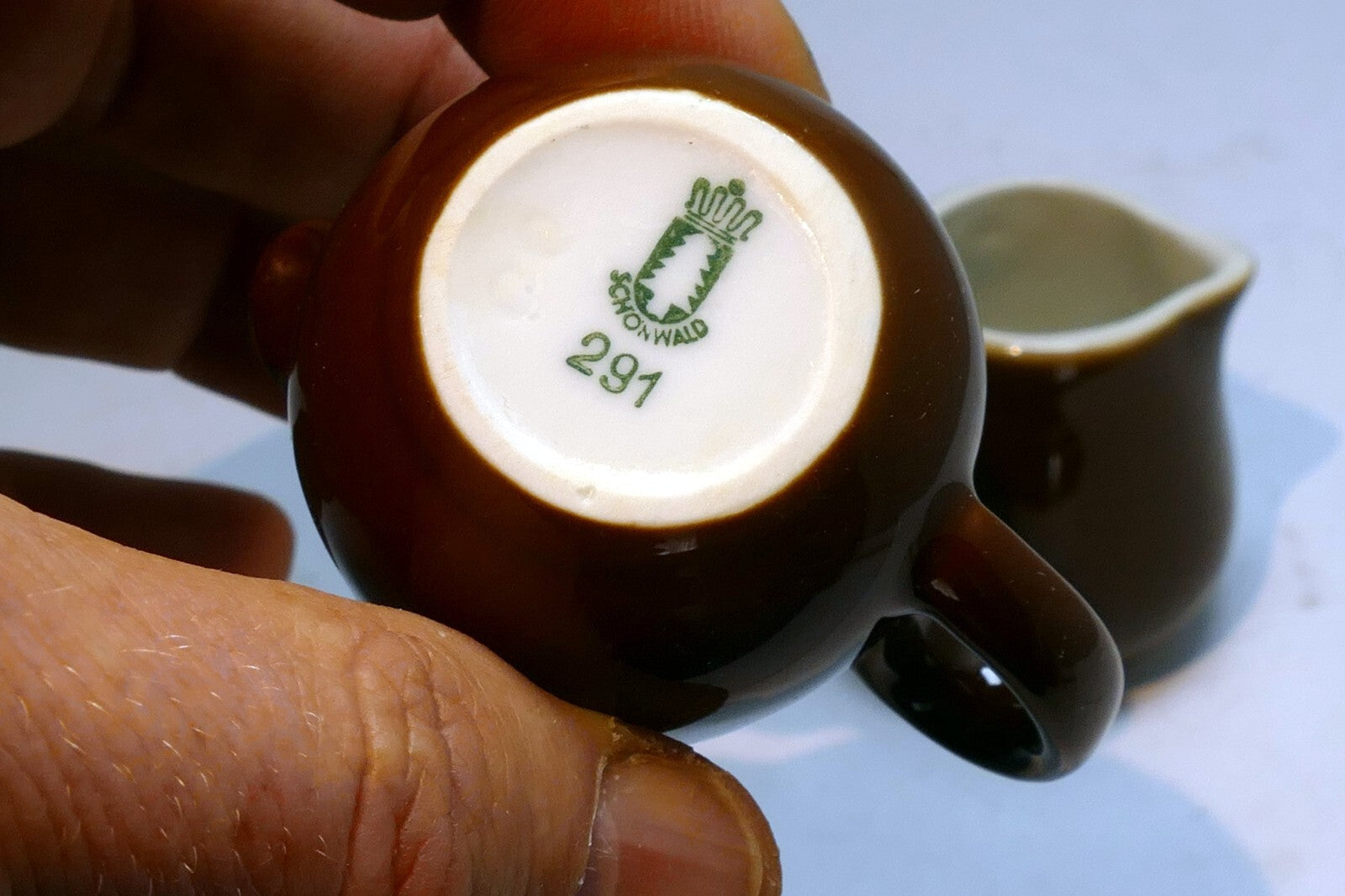 German Schonwald Miniature 4cm tall brown Milk Creamer Pitcher Set Of two