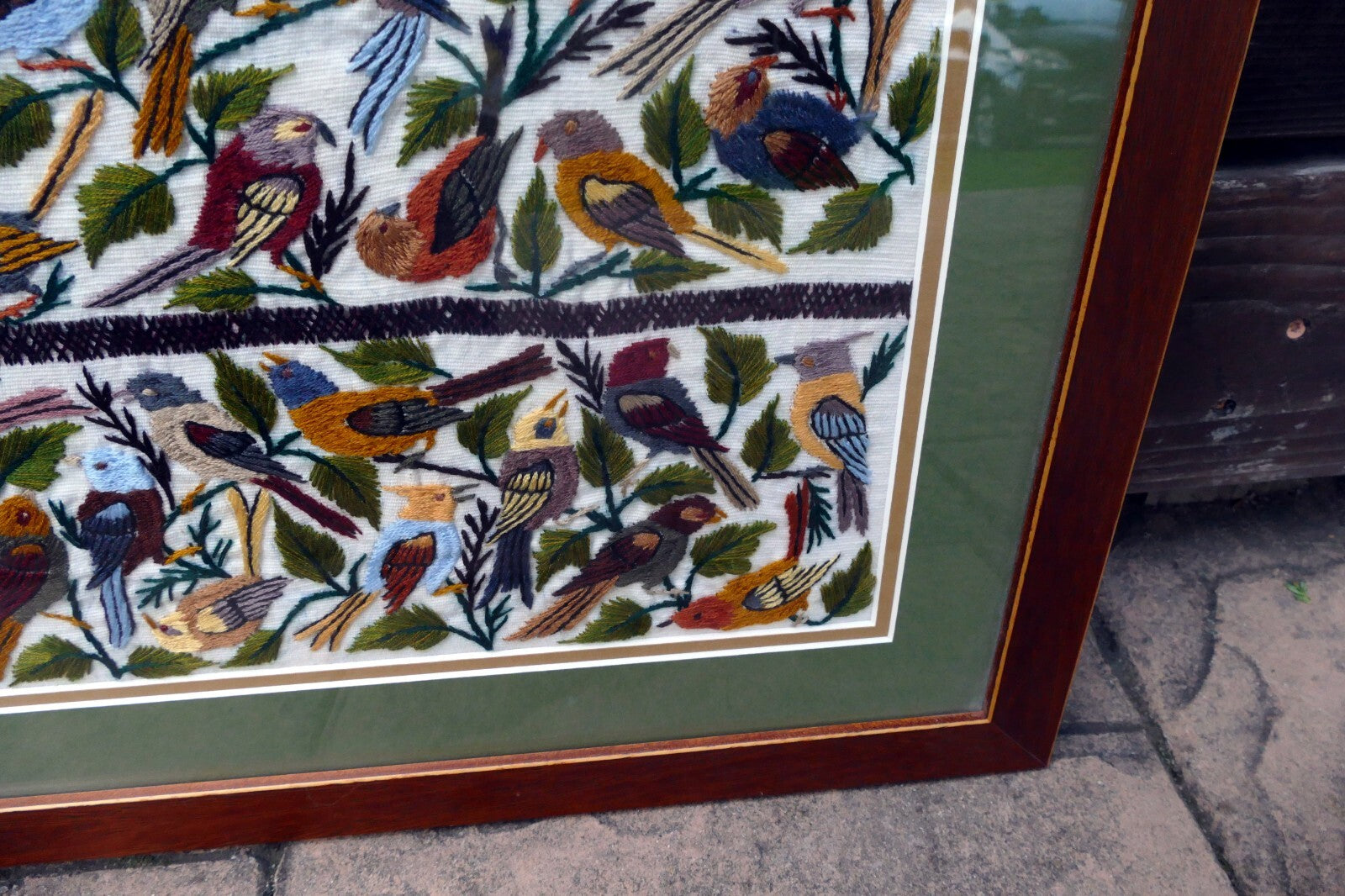 Large Bird Finch Cardinal Cross Stitch Needle Point Folk Art 15X15" Framed