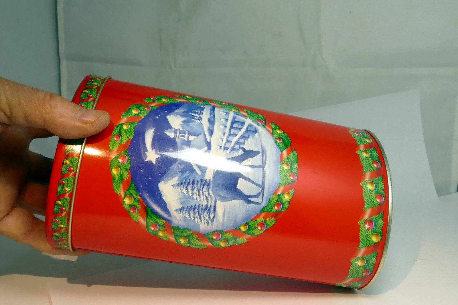 Metal Empty Tin/Container  tall  5X8" Icam Italy  deer Christmas theme chocolate