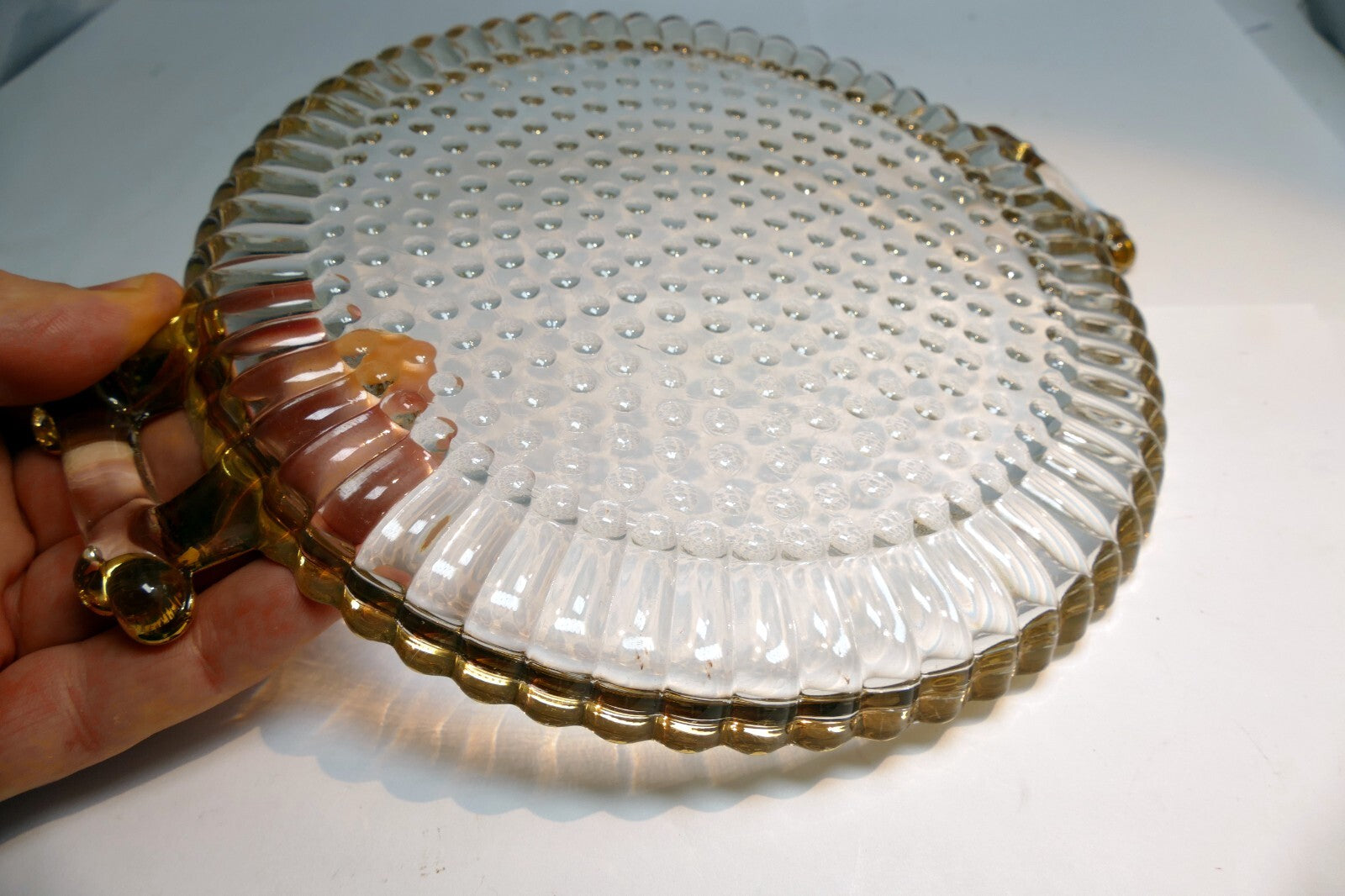 Beveled Glass Candle Holder Plate 8" Round with golden rim two handles