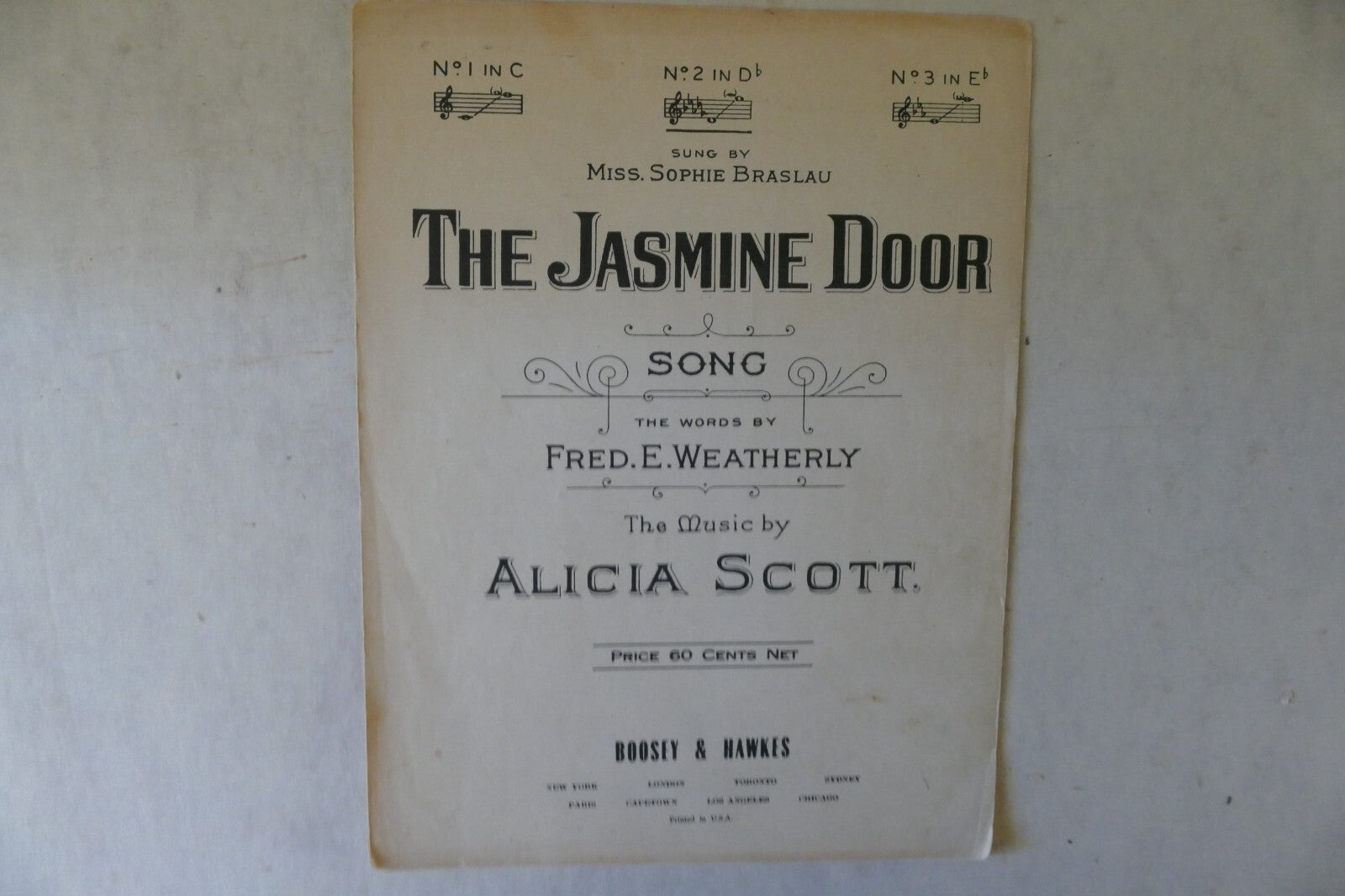 The jasmine door, sheet music 1909, by fred e. weatherly and alicia scott, boosey & hawkes