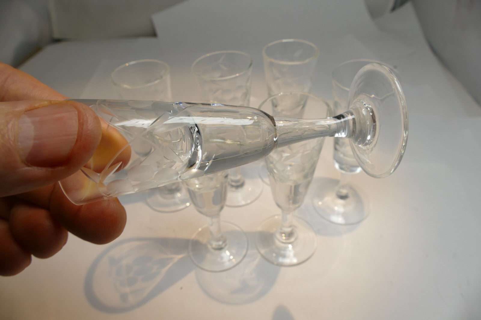 Lot of 7 Clear Crystal Goblets Cut Grape Ridges 1 oz Footed  Goblet small  set