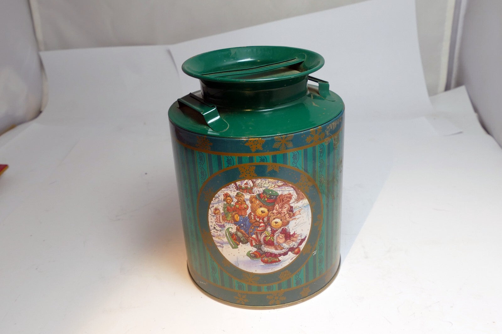 Metal Tin Christmas Round Cookie Candy Jar Container  Bear skating ice