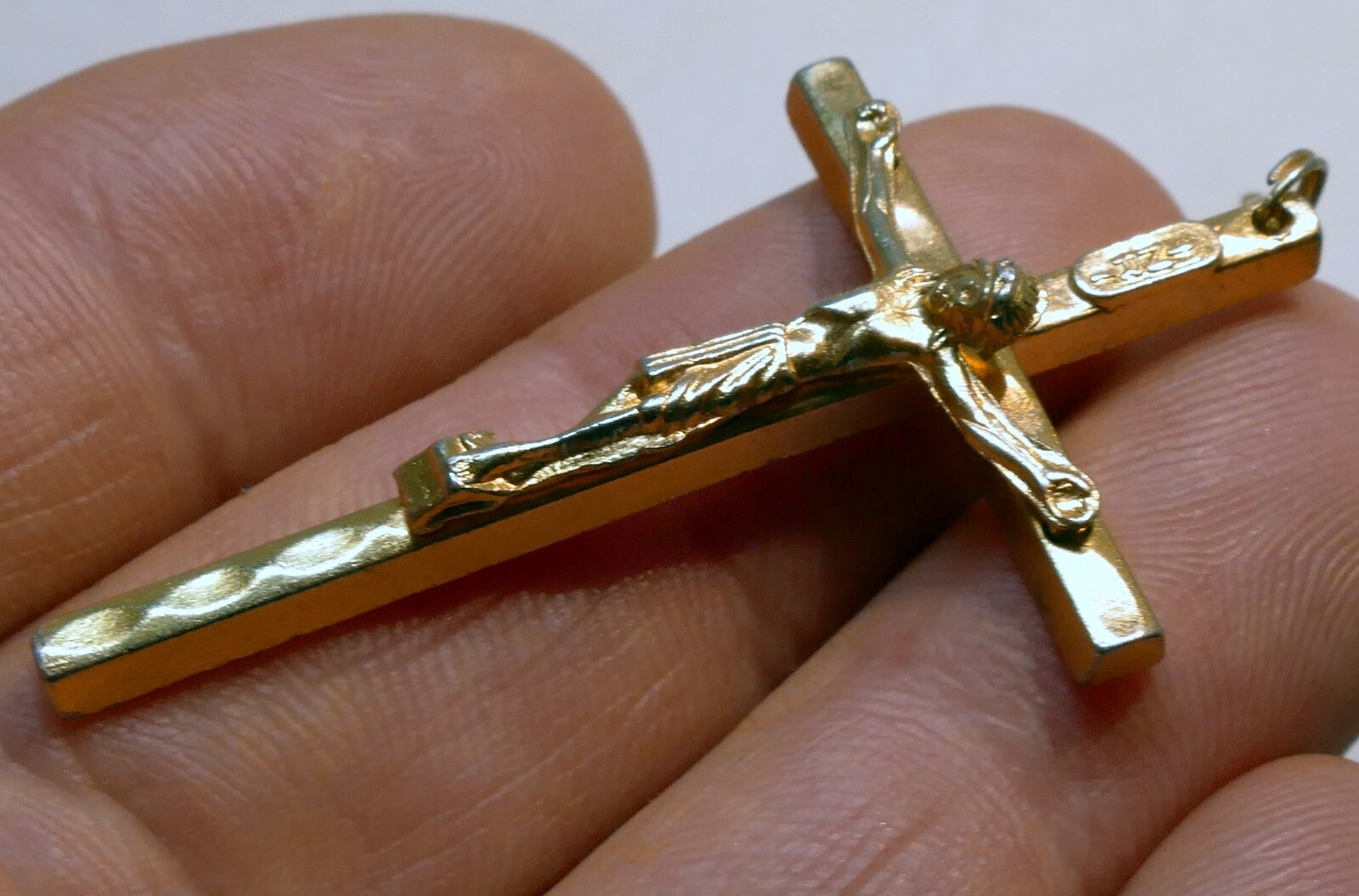 Gold Color tone Crucifix Cross Pendant Charm - ITALY vintage 2" long Catholic