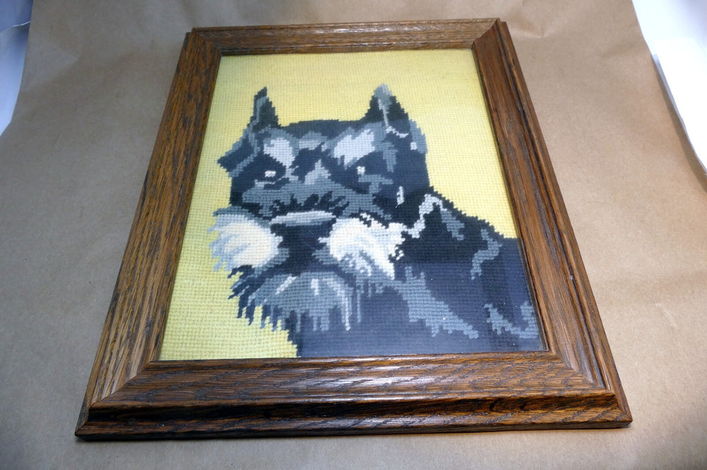 Dog Schnauzer Yarn Needlepoint Embroidered Picture Wall Art 8X10" Framed