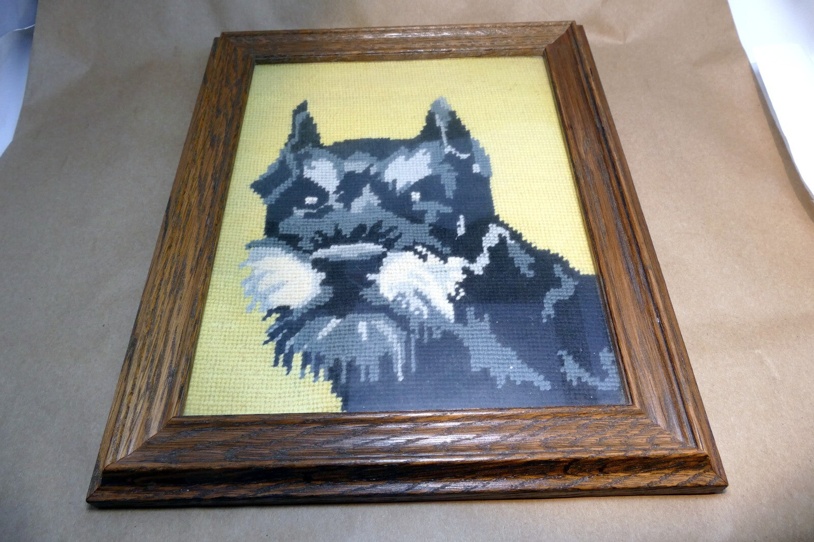 Dog Schnauzer Yarn Needlepoint Embroidered Picture Wall Art 8X10" Framed