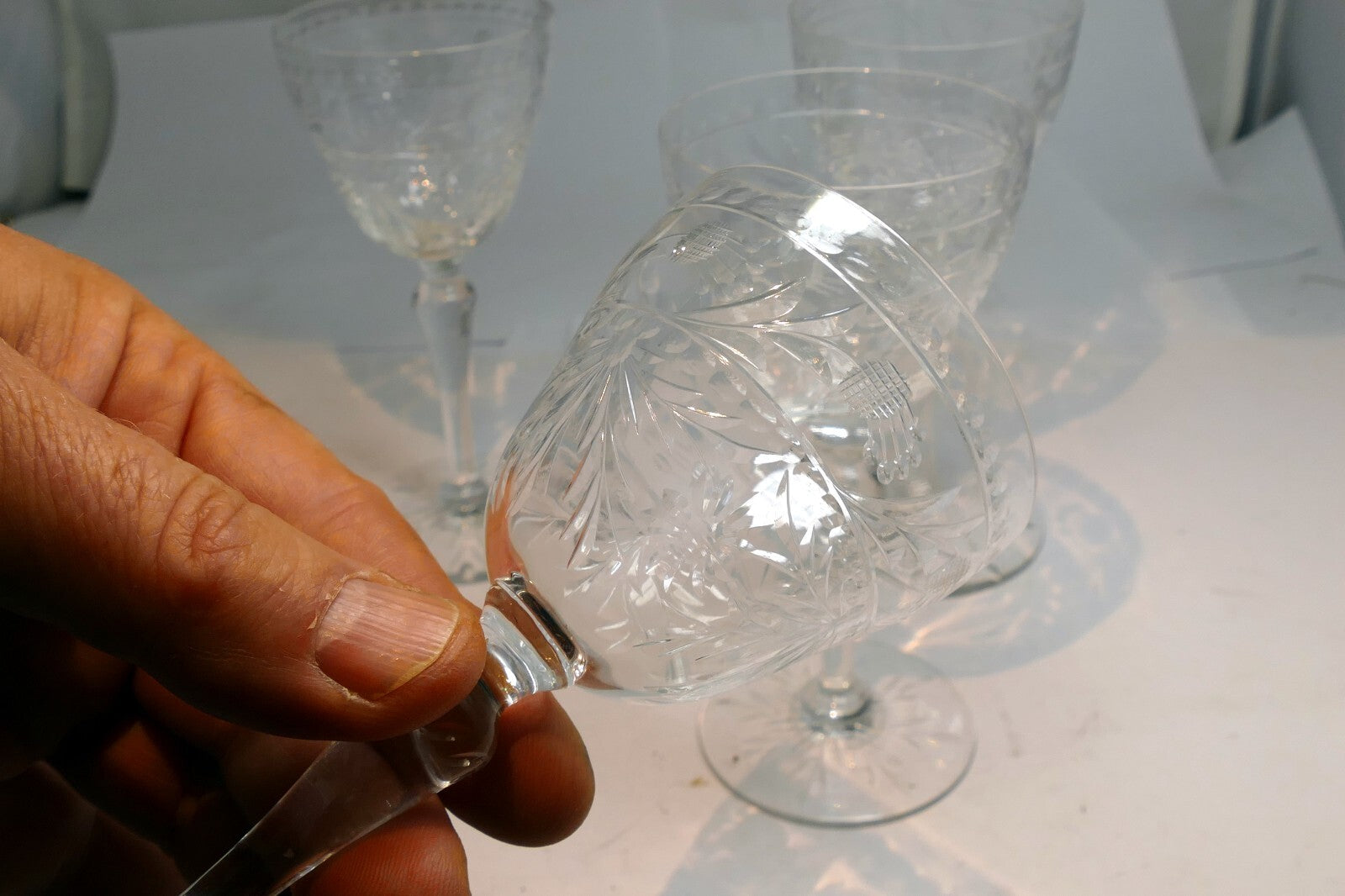 QUEEN'S Anne Lace Bohemian Wine Stem Glass Clear Cut Etched set of 4 Goblets