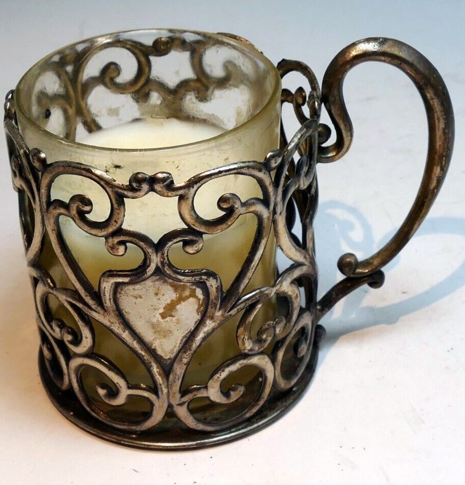 Small metal footed votive candle holder with heart handles floral design 2.5"