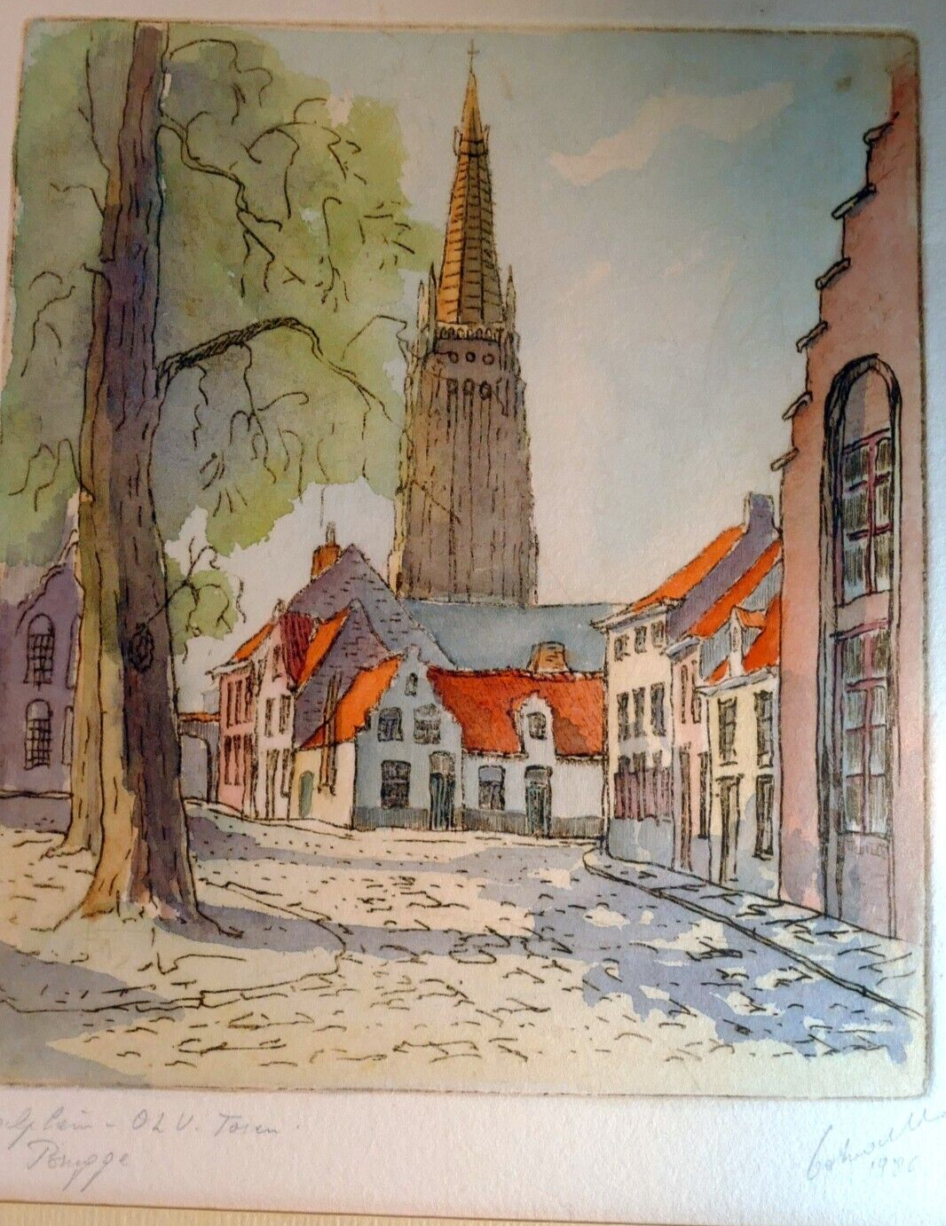 European village   print signed numbered framed 1986