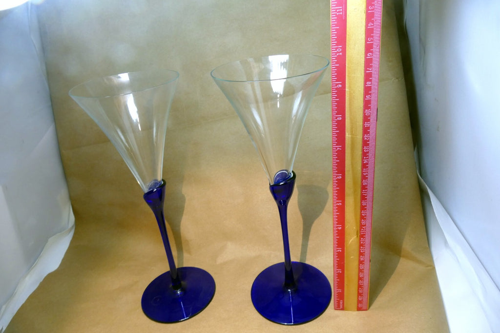2 COLONY Glasses Flutes Wine Champagne Amaryllis Stem Cobalt Blue 9.6" tall set