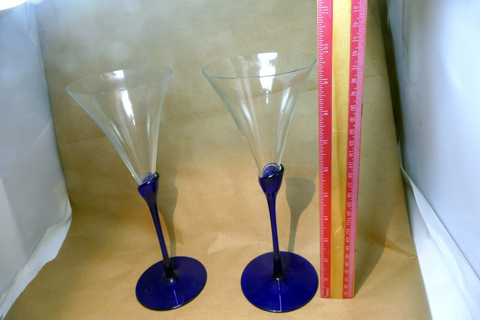 2 COLONY Glasses Flutes Wine Champagne Amaryllis Stem Cobalt Blue 9.6" tall set