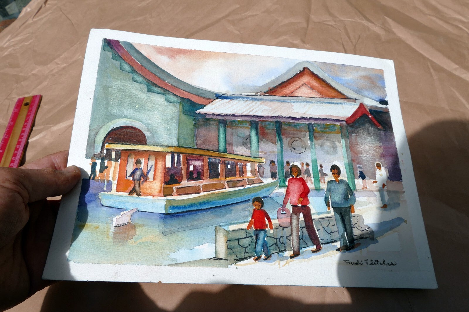 Beach people walking Watercolor by Freddie Fletcher  signed unframed 9X12"