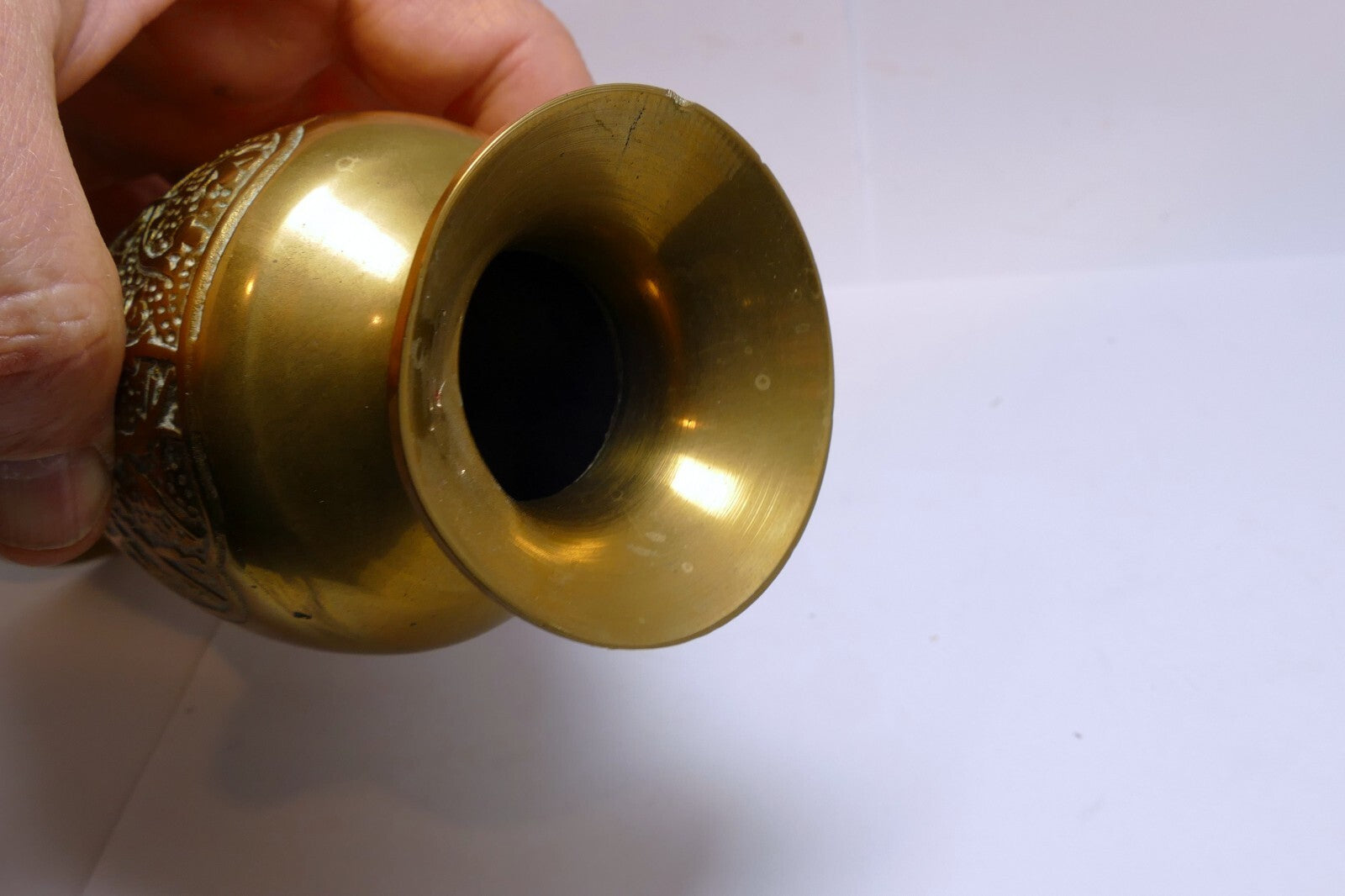 Floral Etched Solid Brass Vase Bulbous Bottom Flared Pedestal Base Vintage  6”